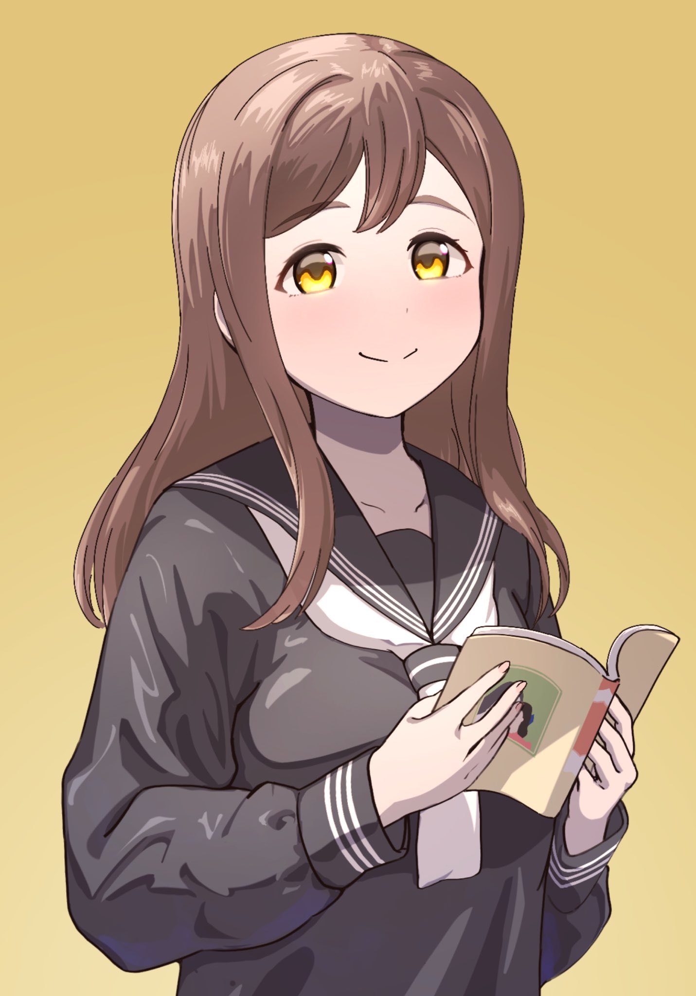 1girl, black_sailor_collar, black_shirt, blush, book, breasts, brown_hair, closed_mouth