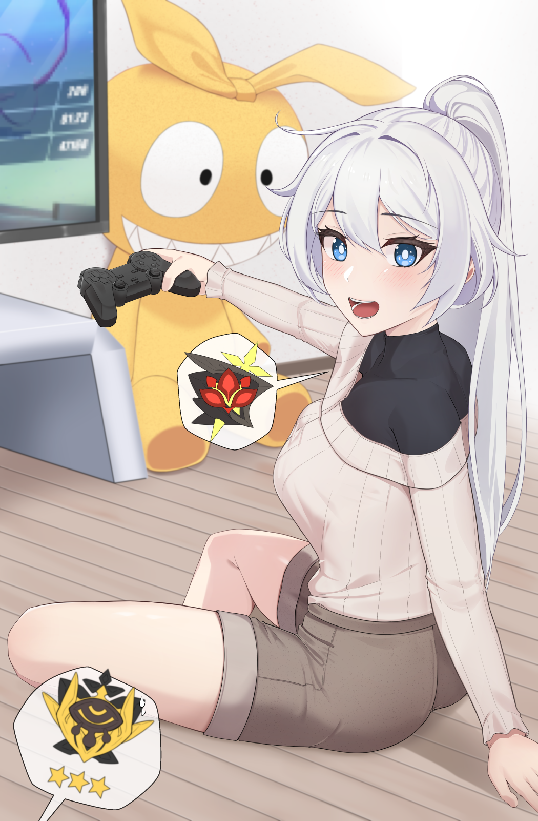 1girl, :d, ahoge, blue_eyes, breasts, brown_shorts, controller, game_controller