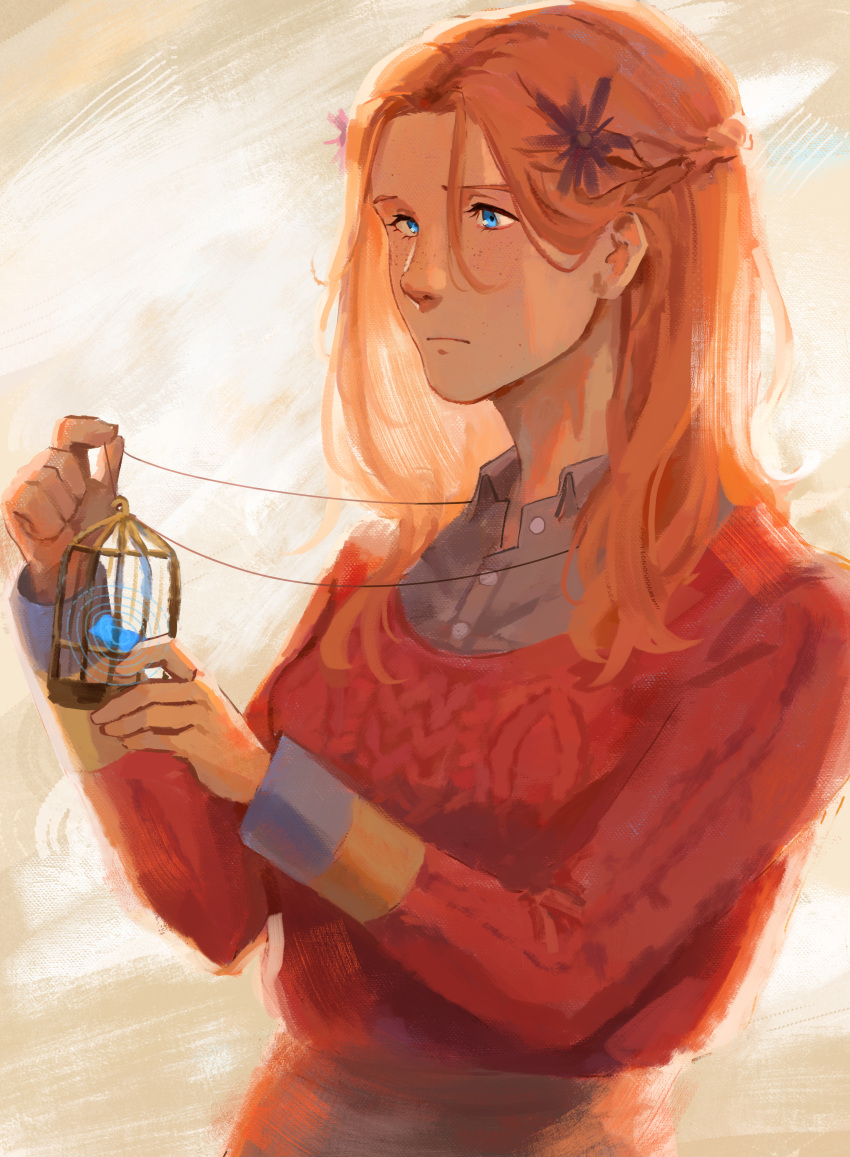1girl, absurdres, bird, birdcage, blue_eyes, bluebird, buttons, cage