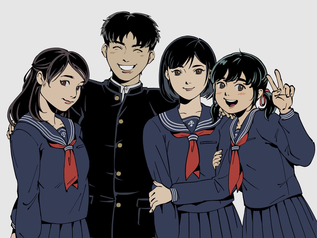 1boy, 3girls, :d, ^_^, black_hair, blue_sailor_collar, blue_serafuku, blue_shirt