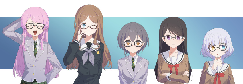 5girls, absurdres, arm_behind_head, bang_dream!, bang_dream!_it's_mygo!!!!!, bespectacled, black-framed_eyewear, black_hair