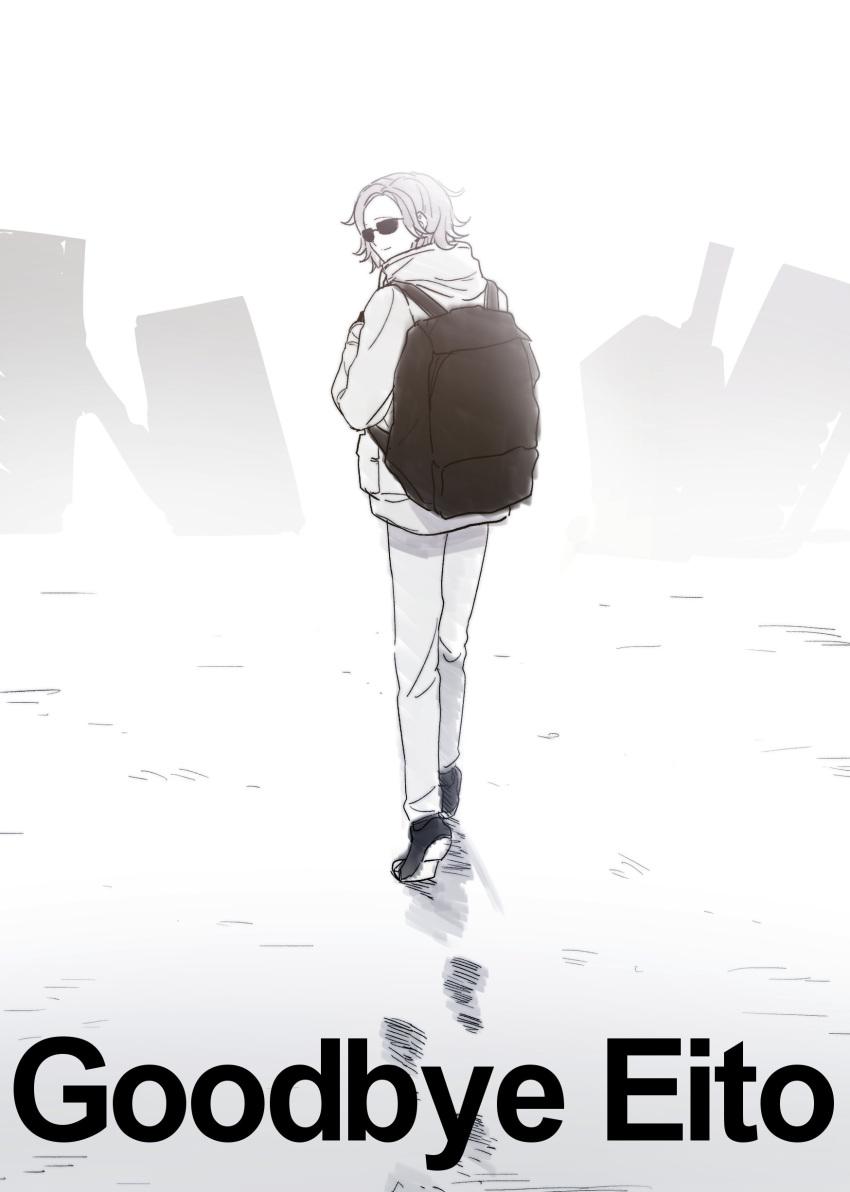 1boy, absurdres, backpack, bag, black_bag, black_shoes, bog_i66820, footprints, goodbye_eito_(hundred_line), grey_hair, highres, jacket, looking_back, shoes, sunglasses, the_hundred_line_-last_defense_academy-