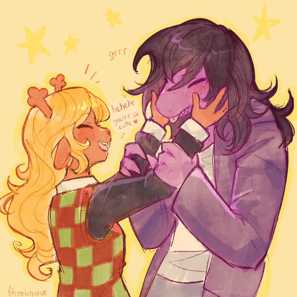 2girls, animal_ears, antlers, black_hair, black_shirt, blonde_hair, checkered_clothes, checkered_vest, commentary, deer_antlers, deer_ears, deer_girl, deltarune, furry, furry_female, hands_on_another's_arms, hands_on_another's_face, hashtag-only_commentary, horns, jacket, kannonkaza, long_hair, multiple_girls, noelle_holiday, purple_jacket, reptile_girl, sharp_teeth, shirt, susie_(deltarune), teeth, tongue, tongue_out, utdr_(toby_fox), vest, white_shirt