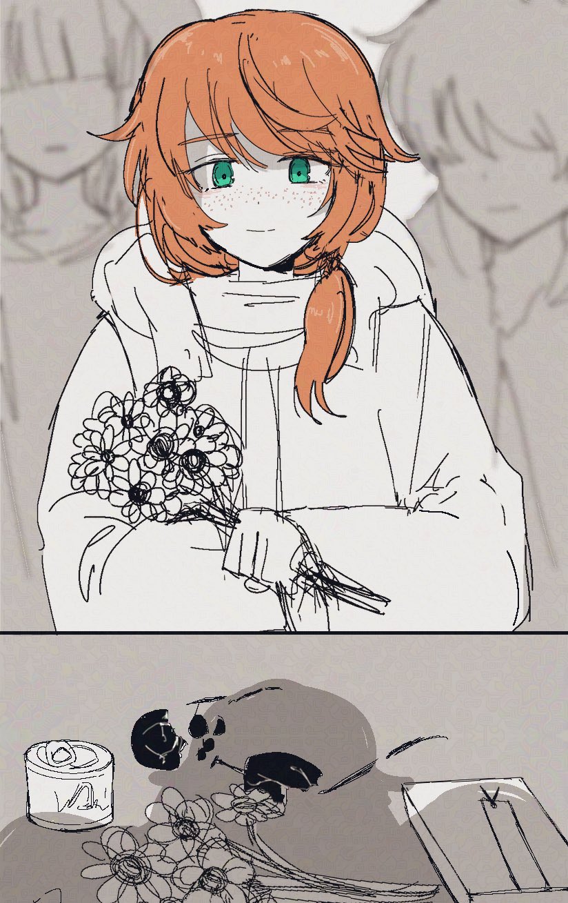 1girl, blurry, blurry_background, bookmark, broken_eyewear, flower, freckles, futuran_child