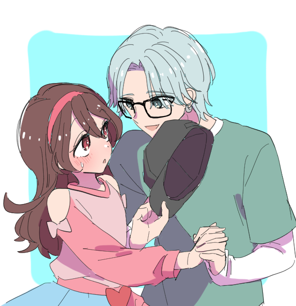 1boy, 1girl, bare_shoulders, baseball_cap, black_hat, blue_background, blush, brown_hair, couple, dating, earrings, flirting, glass, green_hair, hair_between_eyes, hat, headband, heart_pouch, hibiki_kaito, holding, holding_baseball_cap, holding_hands, holding_unworn_clothes, holding_unworn_hat, hoop_earrings, jewelry, kimi_to_idol_precure, long_sleeves, looking_at_another, looking_to_the_side, mario_(198609044), mature_male, nervous, nervous_sweating, open_mouth, parted_bangs, pink_headband, pink_ribbon, pink_shirt, precure, ribbon, sakura_uta_(precure), shirt, short_hair, smile, smirk, sweat, sweatdrop, talking, teeth, unworn_hat, unworn_headwear, upper_teeth_only, whispering