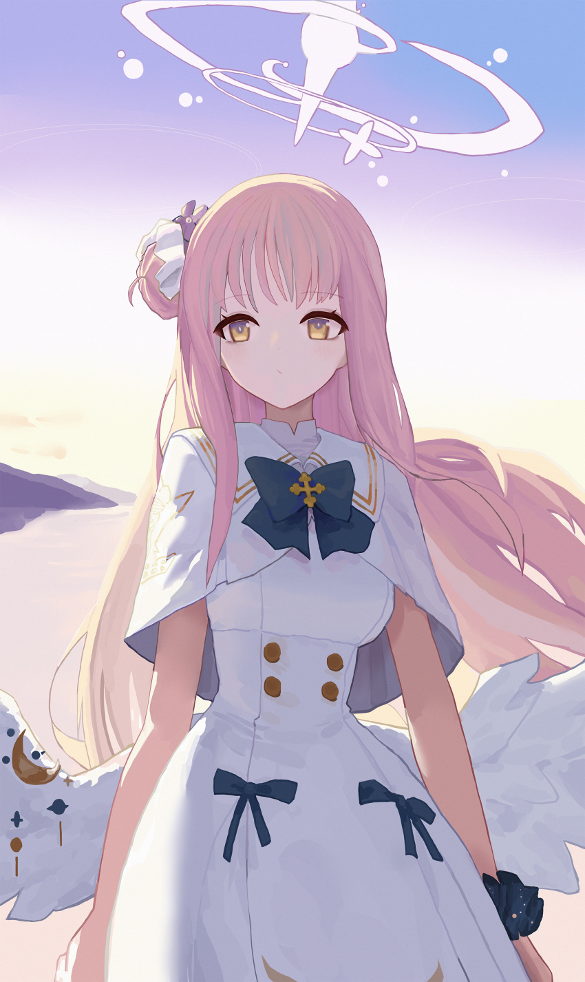 1girl, absurdres, angel_wings, blue_archive, blue_bow, bow, capelet, closed_mouth