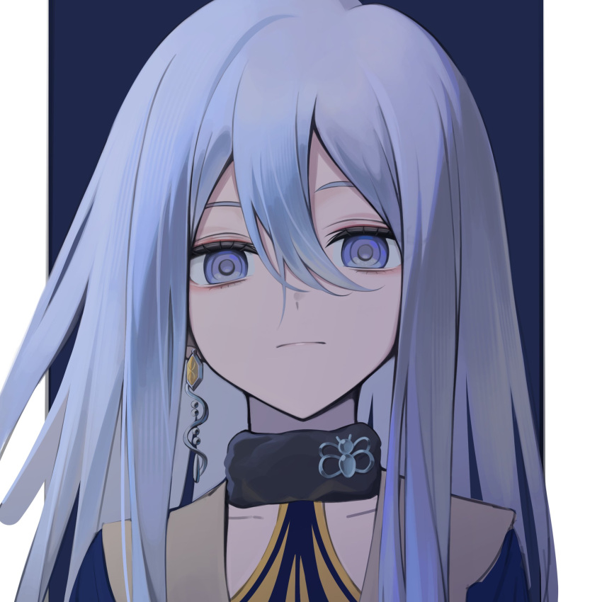 1girl, black_shirt, blue_background, blue_eyes, blue_jacket, border, butterfly_ornament, closed_mouth