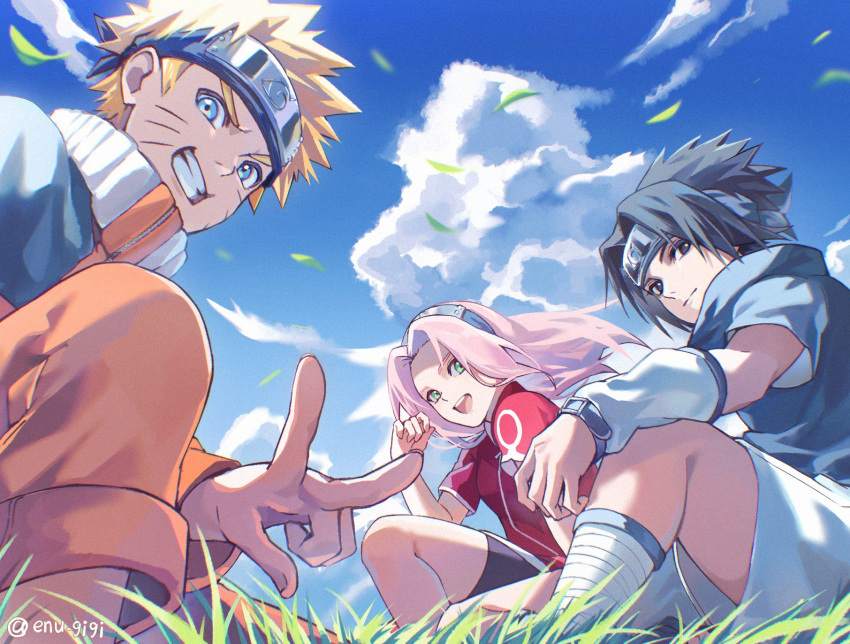 1girl, 2boys, :d, black_eyes, black_hair, black_shorts, blonde_hair, blue_eyes