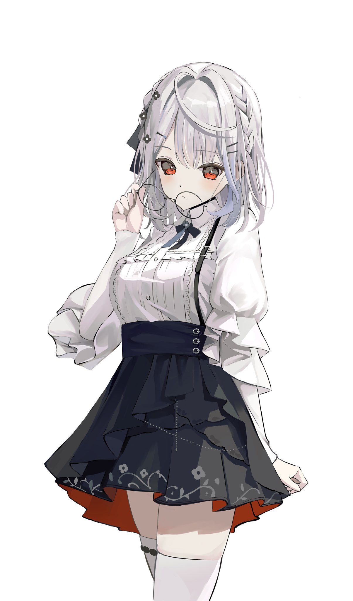 1girl, black-framed_eyewear, black_bow, black_bowtie, black_skirt, bow, bowtie, braid, breasts, collared_shirt, frilled_shirt, frills, glasses, grey_hair, hair_ornament, hairclip, high-waist_skirt, highres, holding, holding_removed_eyewear, isshin_(isshin_oekaki), long_sleeves, looking_at_viewer, medium_hair, neo-porte, official_alternate_hair_length, official_alternate_hairstyle, puffy_sleeves, red_eyes, ribbon, round_eyewear, second-party_source, shirona_shizuku, shirt, simple_background, skirt, solo, suspender_skirt, suspenders, unworn_eyewear, virtual_youtuber, white_background, white_shirt