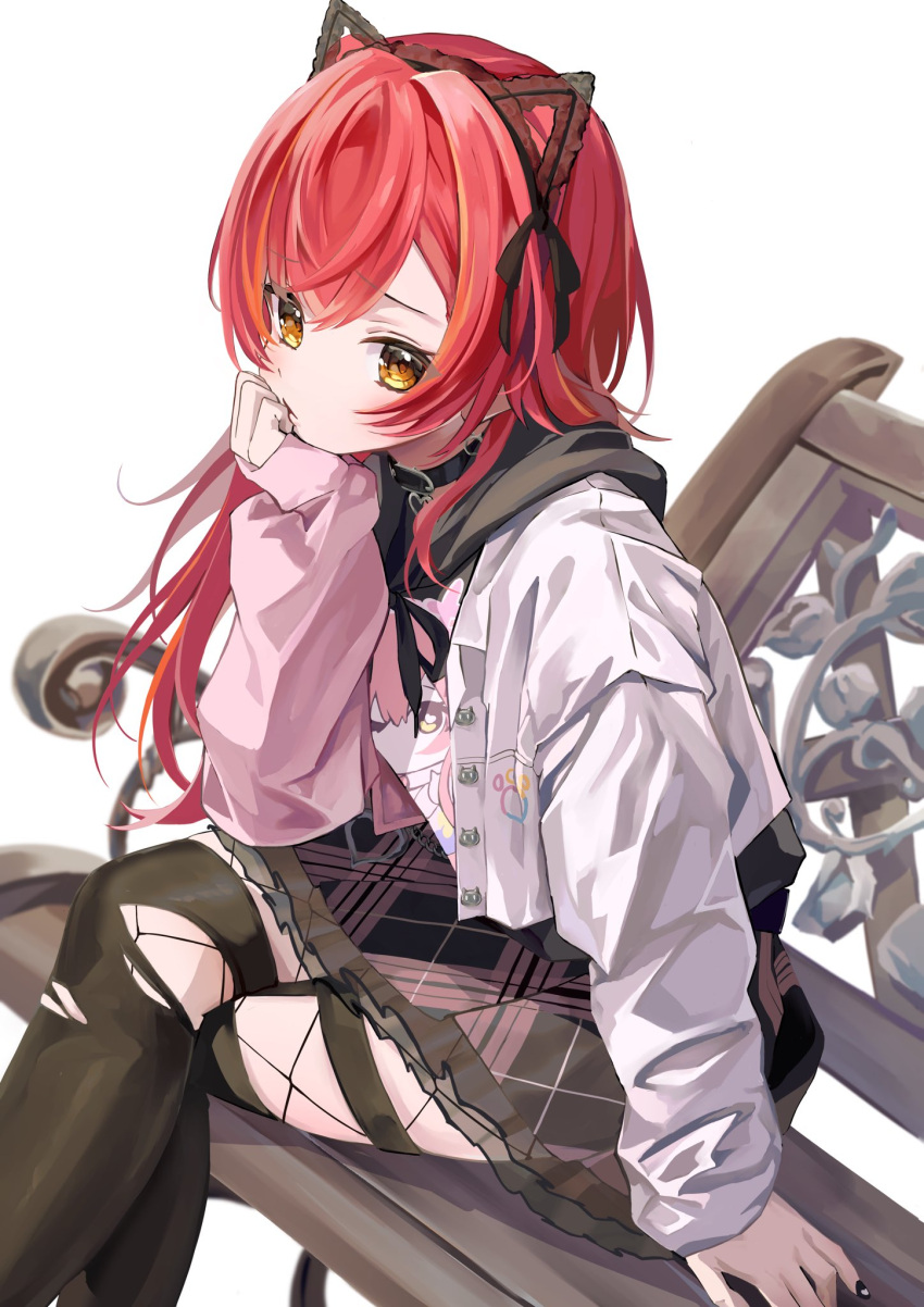 1girl, bench, black_hoodie, black_ribbon, black_thighhighs, choker, crossed_legs, fishnets