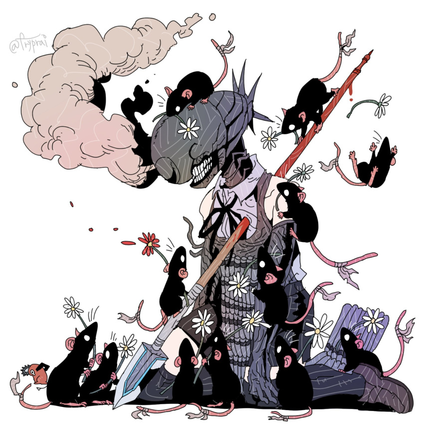 bare_shoulders, blood, blood_on_weapon, bomb_devil_(chainsaw_man), chainsaw_man, dynamite, explosive, flower, fryprai, highres, impaled, kneeling, mouse_(animal), object_head, pochita_(chainsaw_man), polearm, red_flower, simple_background, smoke, solo_focus, spear, twitter_username, weapon, white_background, white_flower