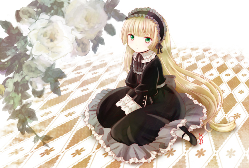 blonde_hair, checkered, checkered_floor, dress, flower, flowers, frills, gosick