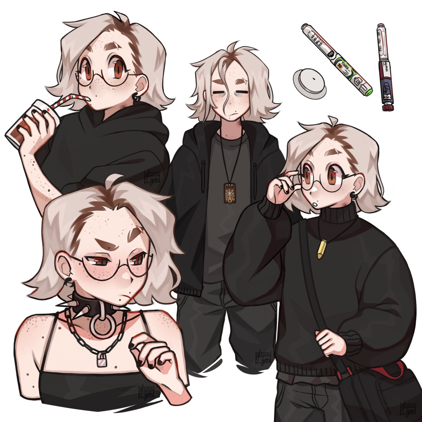 1girl, adjusting_eyewear, androgynous, autoinjector, bag, black_camisole, black_hoodie, black_nails