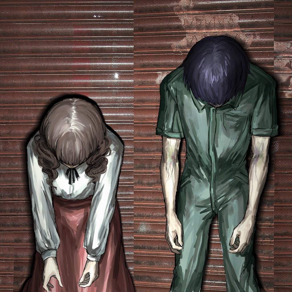 1boy, 1girl, album_cover_redraw, black_hair, black_ribbon, bowing, brown_hair, commentary