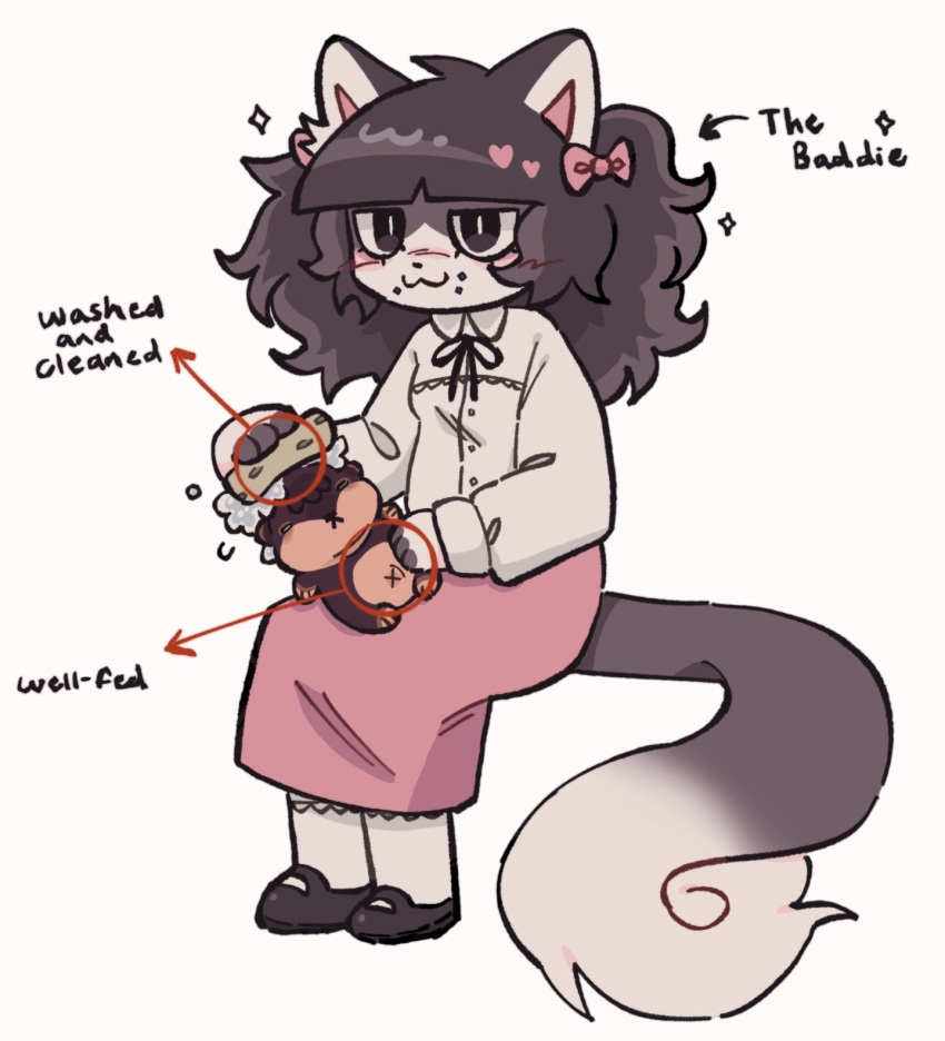 1girl, :3, arrow_(symbol), black_ribbon, blunt_bangs, bow, brown_hair, brown_shoes, closed_mouth, commentary, creature, english_commentary, face_piercing, fear_&amp;_hunger_(series), fear_&amp;_hunger_2:_termina, full_body, furrification, furry, hair_bow, highres, holding, holding_sponge, invisible_chair, long_hair, long_sleeves, marina_(fear_&amp;_hunger), mary_janes, mouth_piercing, neck_ribbon, piercing, pink_bow, pink_skirt, polachii, ribbon, shirt, shoes, simple_background, sitting, skirt, socks, solo, sponge, tail, white_background, white_shirt, white_socks