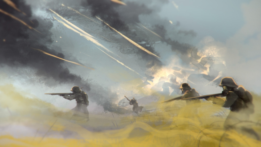 4boys, backpack, bag, battle, battlefield, bombardment, helmet, highres, johan_aronson, masked, military_uniform, multiple_boys, original, smoke, smoke_trail, soldier, world_war_i