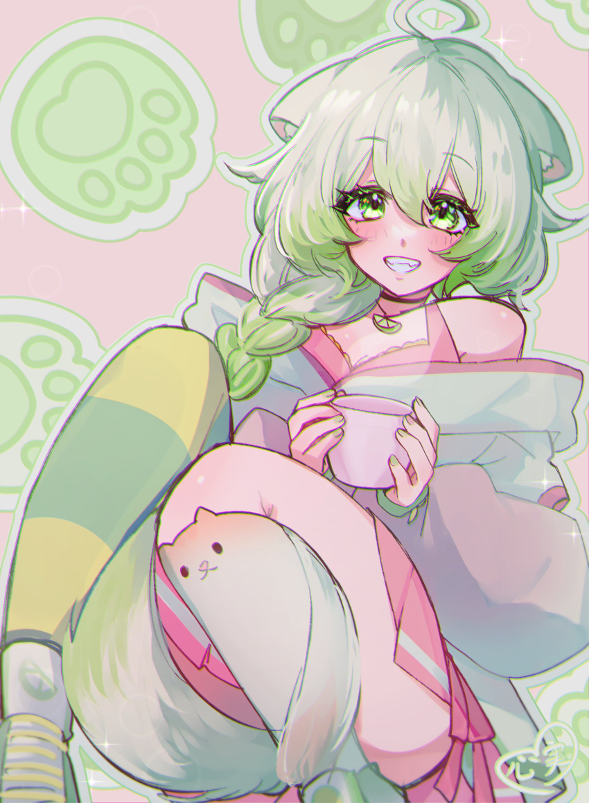 1girl, absurdres, ahoge, animal_ears, animal_hands, ass, braid, cup