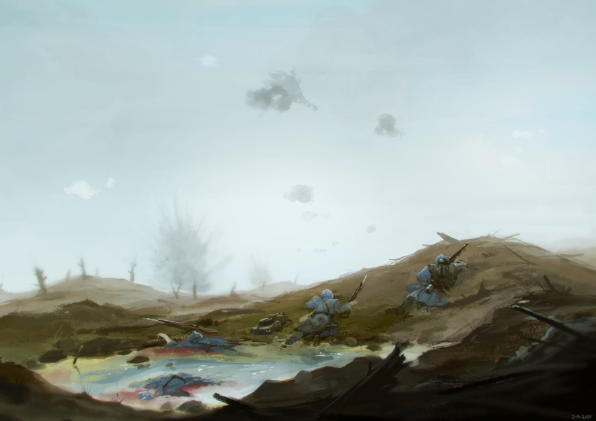 4boys, absurdres, battle, battlefield, blue_sky, day, death, french_army