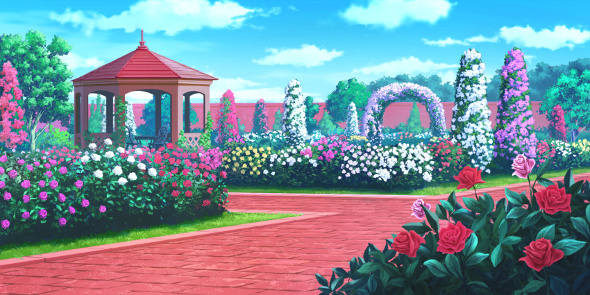arch, artist_request, blue_sky, bush, chair, clouds, day, floral_arch
