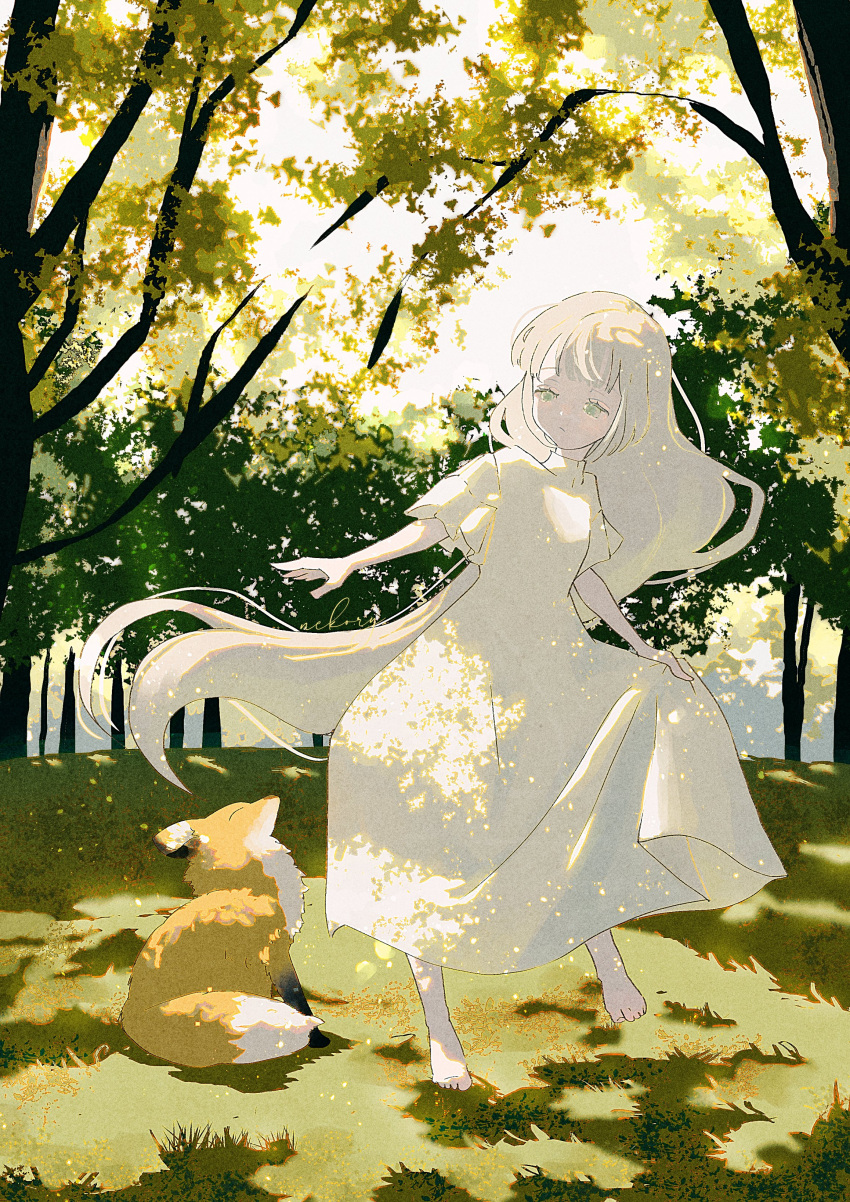 1girl, absurdres, barefoot, closed_mouth, dappled_sunlight, day, dress, fox