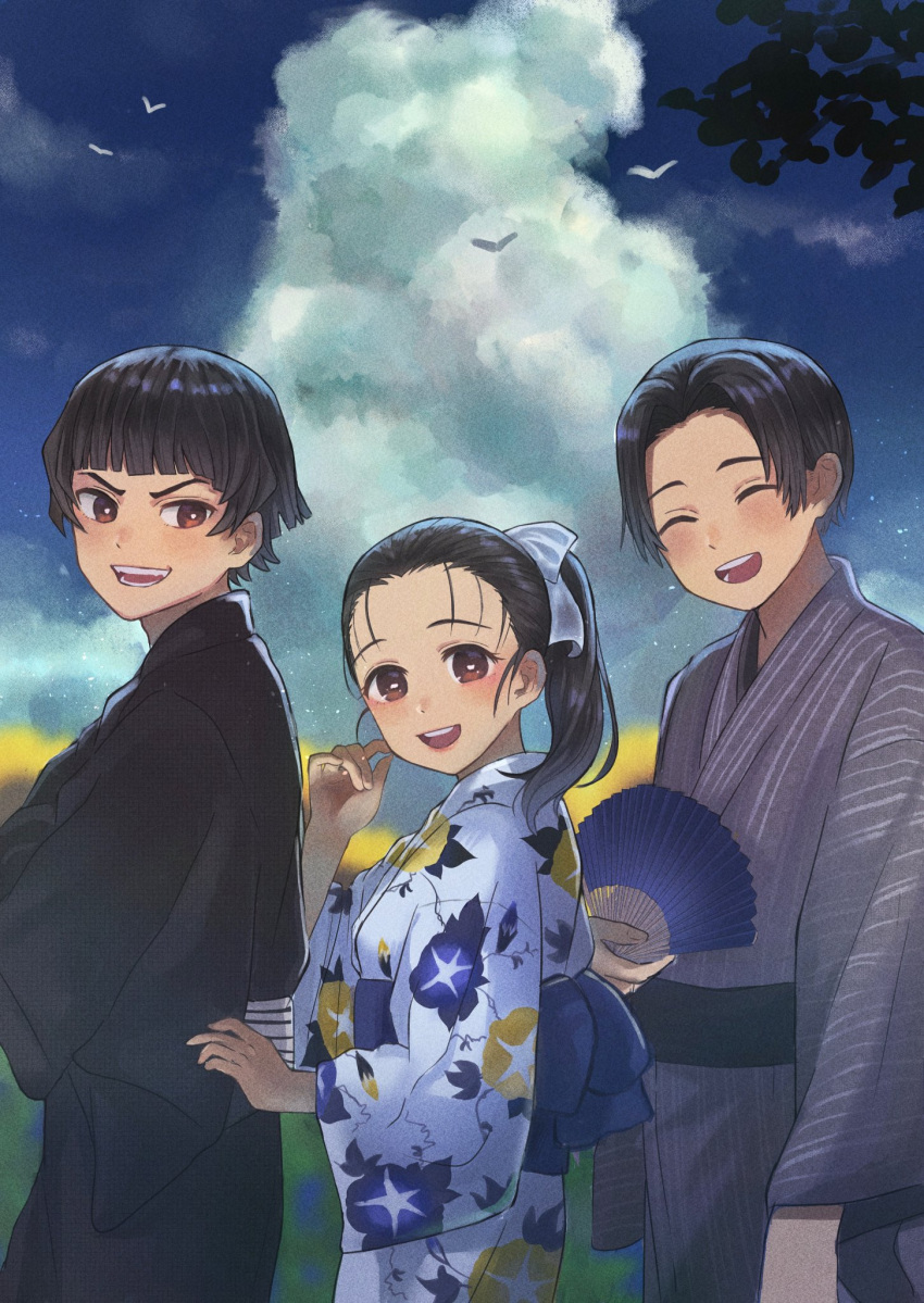 1girl, 2022, 2boys, bird, birds, black_hair, clouds, dice_steak_senpai