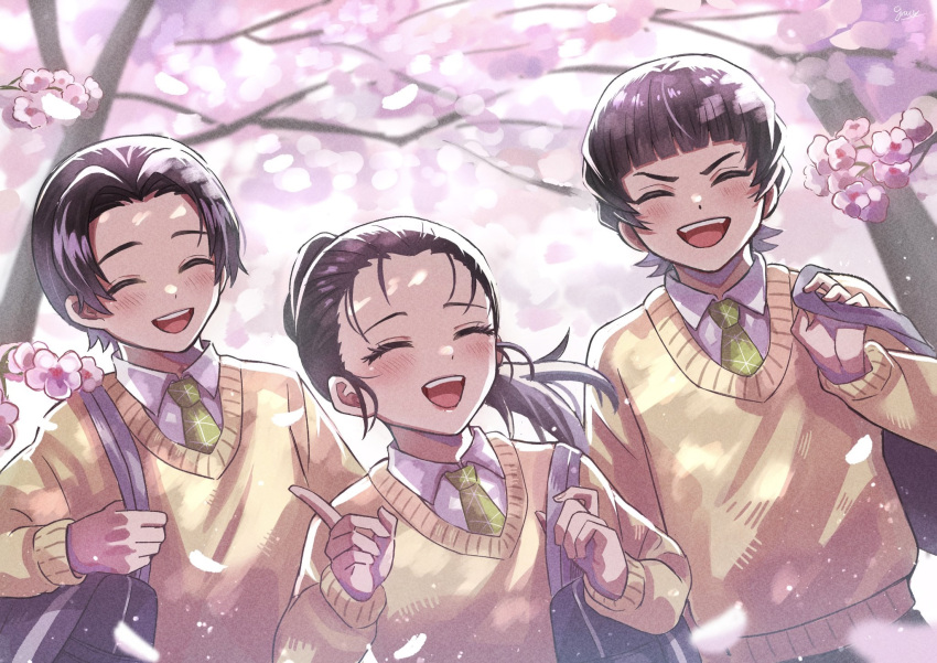 1girl, 2024, 2boys, backpack, black_hair, cherry_blossoms, closed_eyes, dice_steak_senpai, gura-sei_(nama), happy, japanese, japanese_clothes, kimetsu_gakuen, kimetsu_no_yaiba, murata_(kimetsu_no_yaiba), ozaki_(kimetsu_no_yaiba), pixiv, ponytail, school_uniform, smile, tree, trio