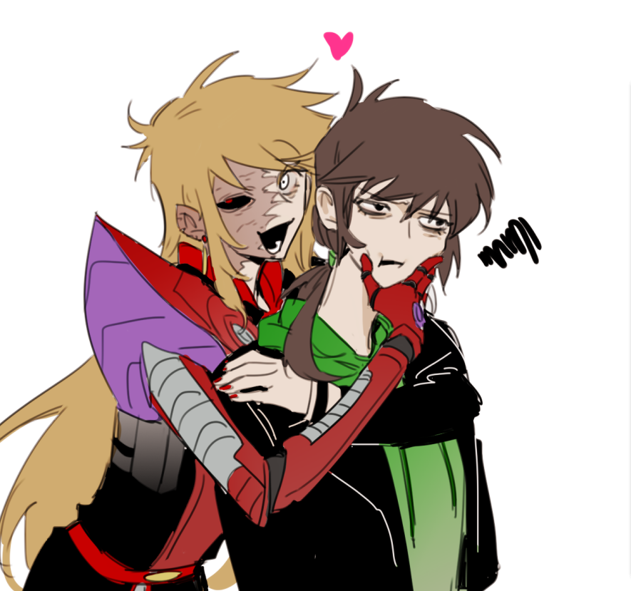 2girls, :d, antenna_hair, bags_under_eyes, behind_another, black_eyes, black_jacket, black_mouth