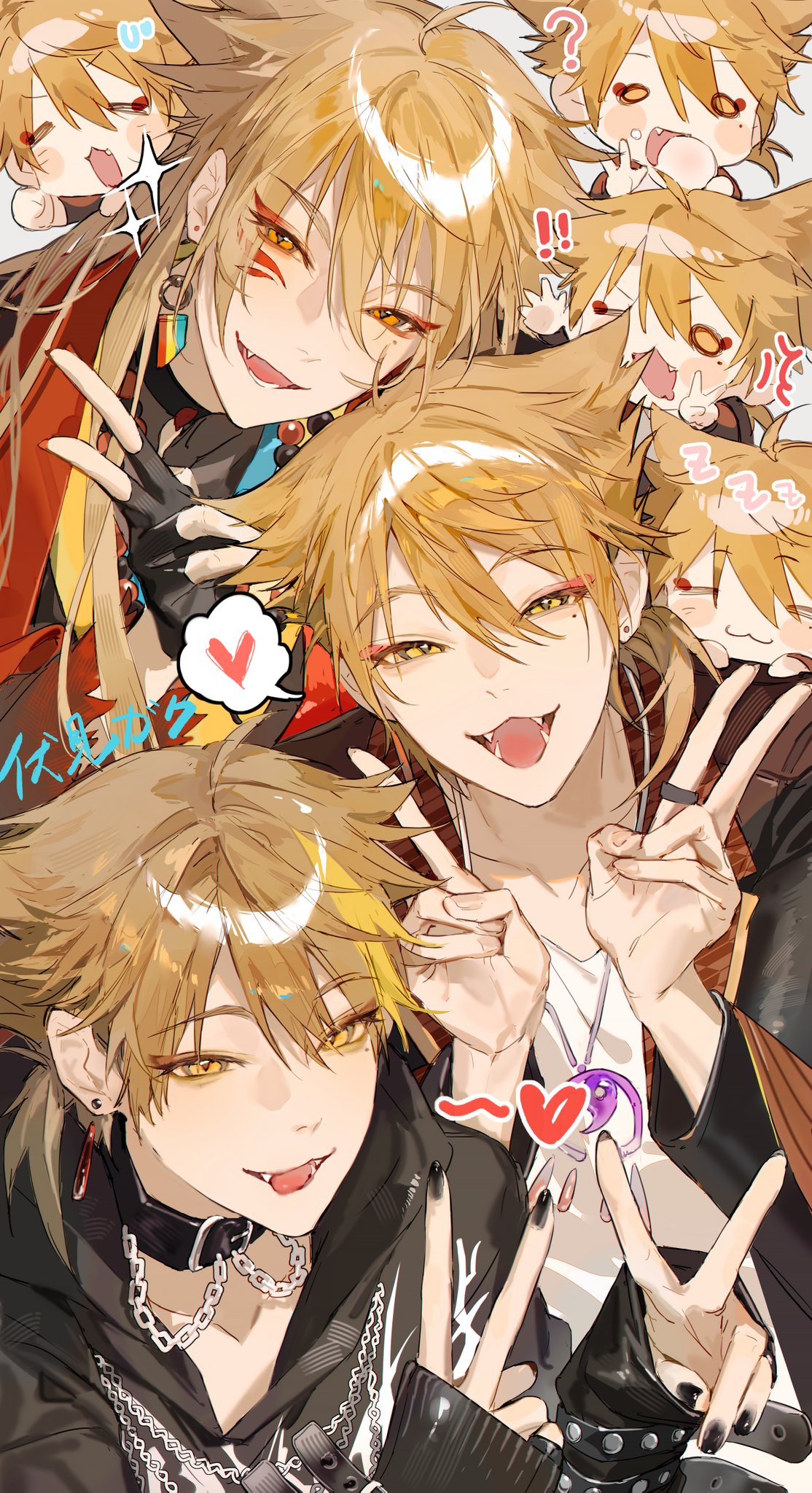 6+boys, black_choker, black_gloves, black_hoodie, black_nails, blonde_hair, chibi, choker