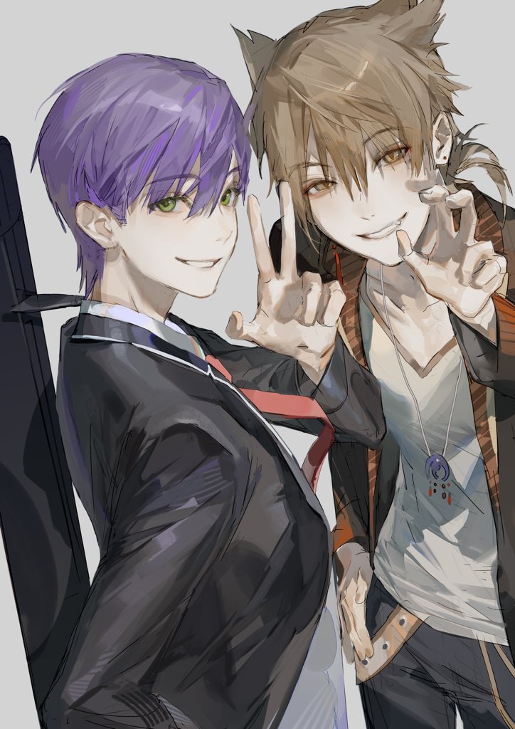 2boys, belt, black_jacket, blazer, brown_eyes, brown_hair, curled_fingers, fushimi_gaku