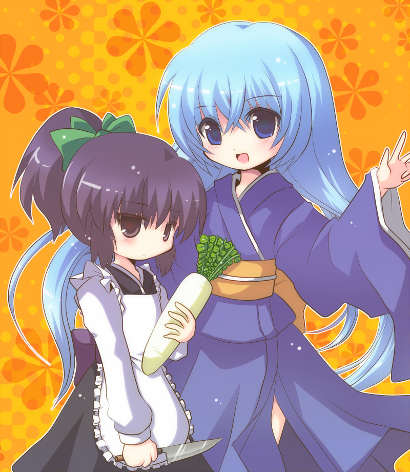 black_eyes, blue_eyes, blue_hair, blush, bow, daikon, hair_bow, japanese_clothes