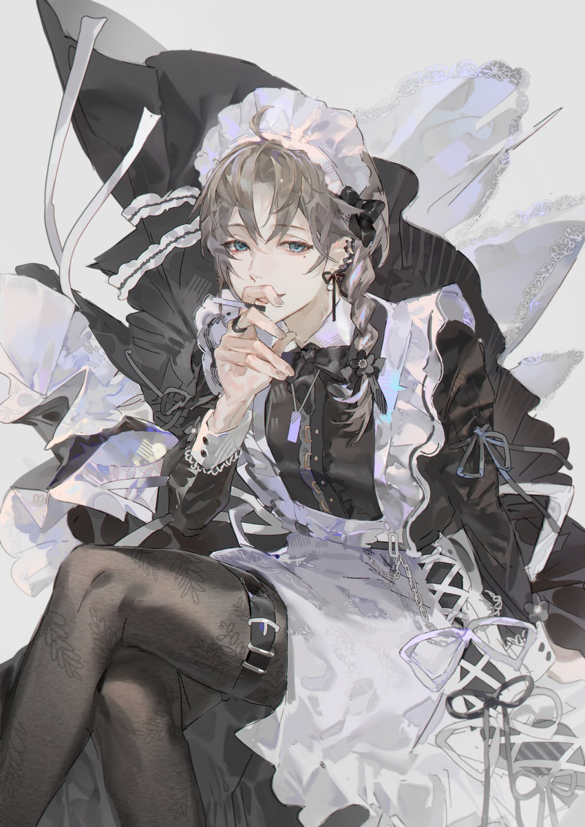 1boy, apron, black_bow, black_bowtie, black_dress, black_pantyhose, blue_eyes, bow