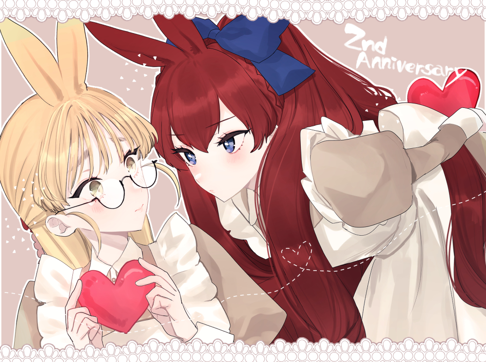 2girls, animal_ears, annelise_flagellum_(niboshi), anniversary, apron, arms_behind_back, blonde_hair, blue_eyes