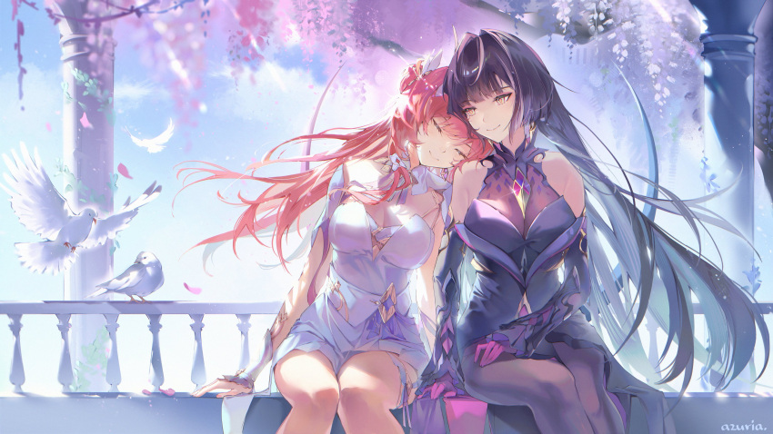 2girls, azuria03, bare_shoulders, bird, black_dress, breasts, brown_hair, cherry_blossoms