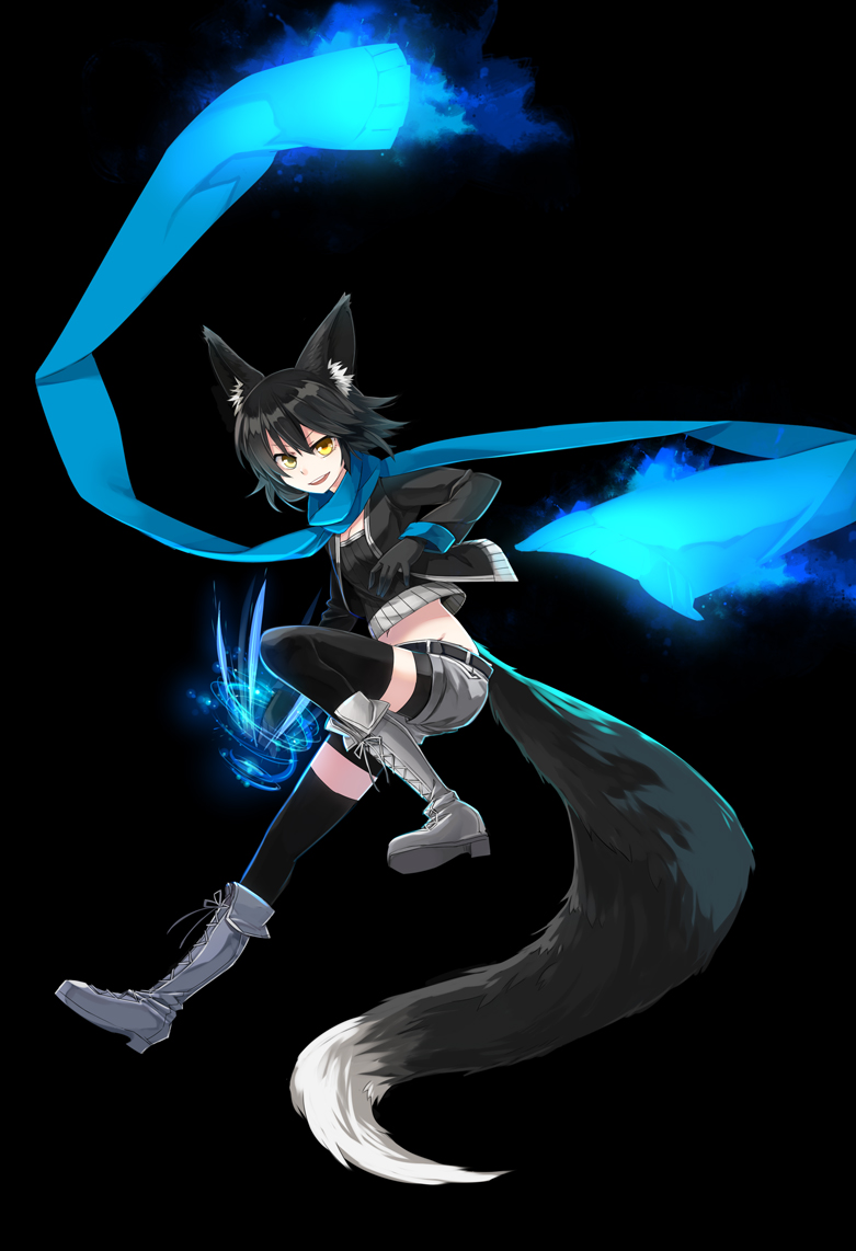 animal_ears, belt, bike_shorts, black_background, black_hair, black_legwear, boots, breasts