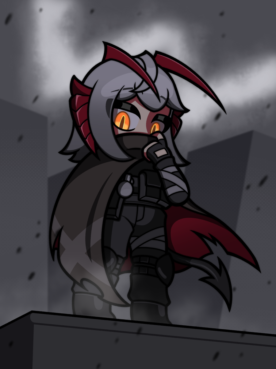 1girl, antenna_hair, arknights, black_pants, black_tail, boots, cape, chibi