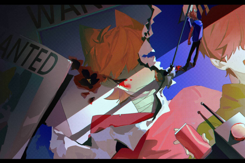 1boy, adversarial_noise, black_pants, black_shoes, blood, blood_on_arm, blue_hoodie, brown_hair