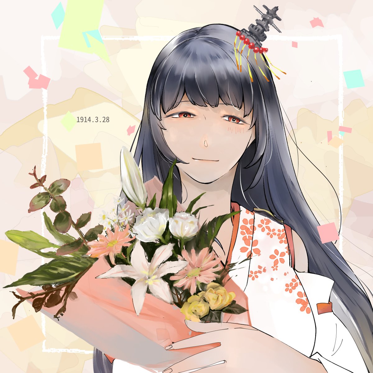 1girl, 2_(f211m289), :|, black_hair, bouquet, closed_mouth, commentary_request, dated