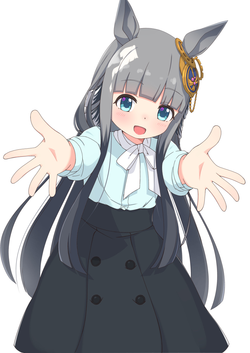 1girl, absurdres, animal_ears, blush, breasts, buttons, casual, chrono_genesis_(casual)_(umamusume), chrono_genesis_(umamusume), commentary_request, grey_hair, hair_between_eyes, hair_ornament, highres, horse_girl, kokamori, looking_at_viewer, reaching, reaching_towards_viewer, simple_background, small_breasts, solo, umamusume, white_background