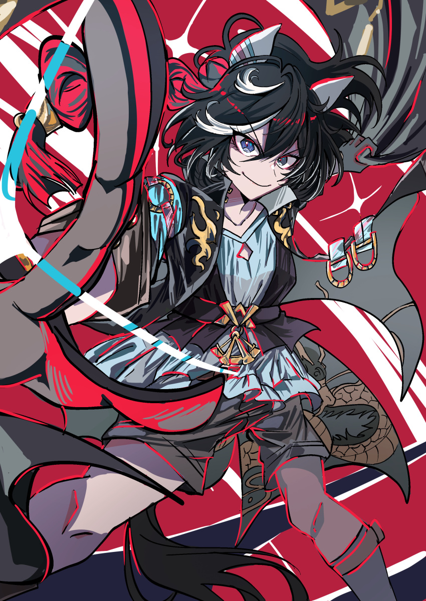 1girl, absurdres, animal_ears, black_hair, ear_covers, ear_ornament, epaulettes, green_wrist_cuffs