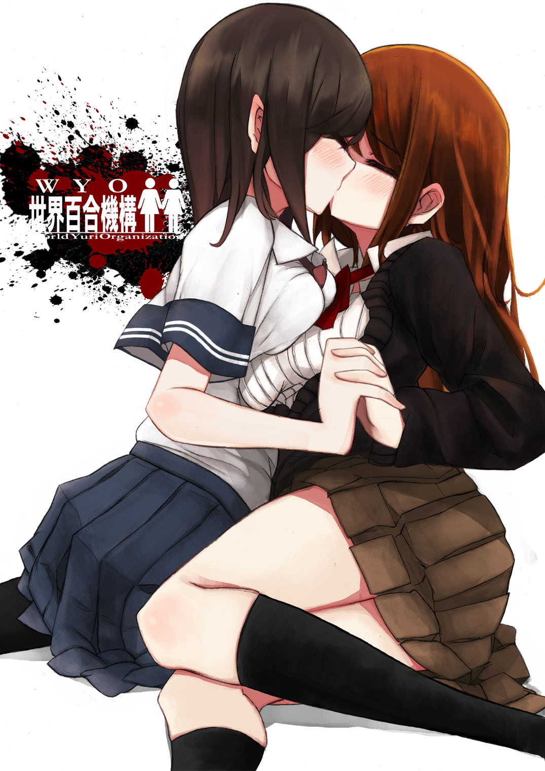 black_legwear, blush, brown_hair, closed_eyes, comrade_stalin, eyes_closed, footwear, hand_holding
