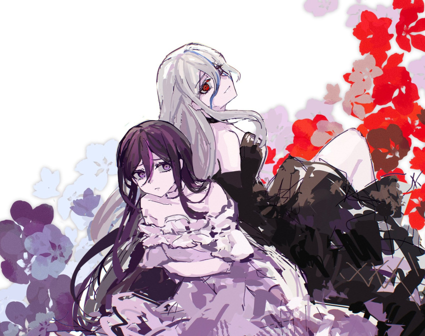 2girls, black_dress, blue_hair, dress, eva_(hundred_line), facial_mark, flower, heterochromia