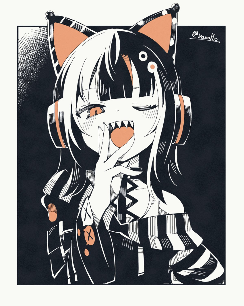 1girl, animal_ear_headphones, animal_ears, cat_ear_headphones, cat_ears, eyeball_hair_ornament, fake_animal_ears, hand_to_own_mouth, headphones, highres, hime_cut, looking_at_viewer, magical_girl, mahou_shoujo_no_majo_saiban, manobo, one_eye_closed, open_mouth, orange_eyes, orange_streaks, partially_colored, sawatari_koko, sharp_teeth, single_off_shoulder, smile, solo, teeth, upper_body