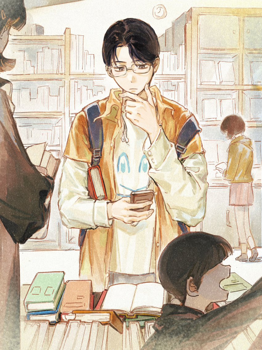 absurdres, backpack, bag, bbfrog, black_hair, book, clock, earphones