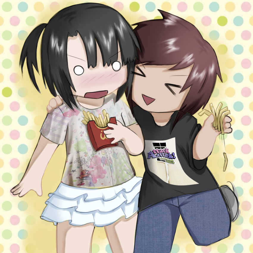 2000s_(style), absurdres, attack_attack_(band), black_hair, black_shirt, brown_hair, chibi, denim, food, french_fries, happy, highres, holding, holding_food, jeans, mcdonald's, open_mouth, original, pants, pyopyopop, shirt, skirt, surprised, white_skirt