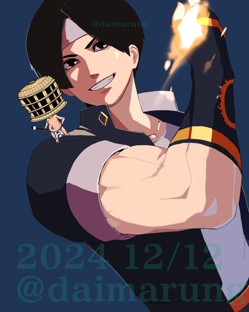 1boy, absurdres, black_hair, black_jacket, blue_background, brown_eyes, daimaru_(s29y2c), dated, fingerless_gloves, fire, gakuran, gloves, grin, headband, highres, jacket, kusanagi_kyou, looking_at_viewer, male_focus, pyrokinesis, school_uniform, shirt, short_hair, simple_background, smile, solo, the_king_of_fighters, twitter_username, white_headband, white_shirt