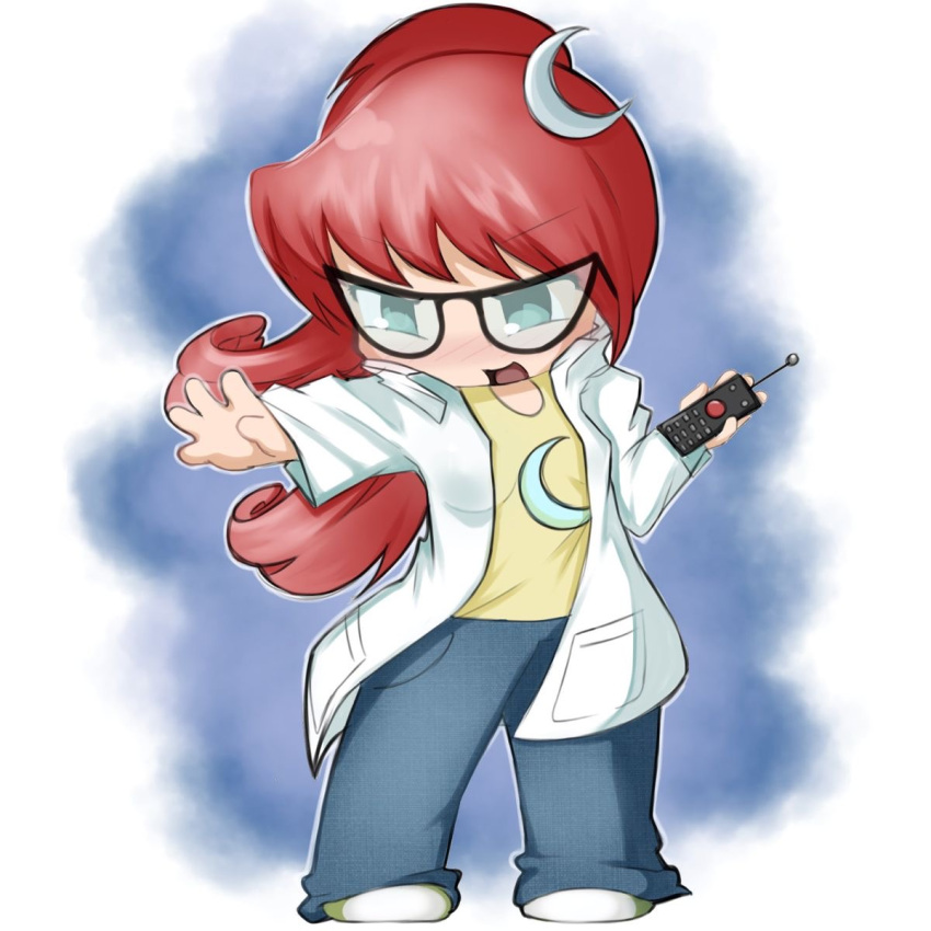 1girl, 2000s_(style), bad_source, cat_eye-framed_eyewear, chibi, controller, crescent, crescent_hair_ornament