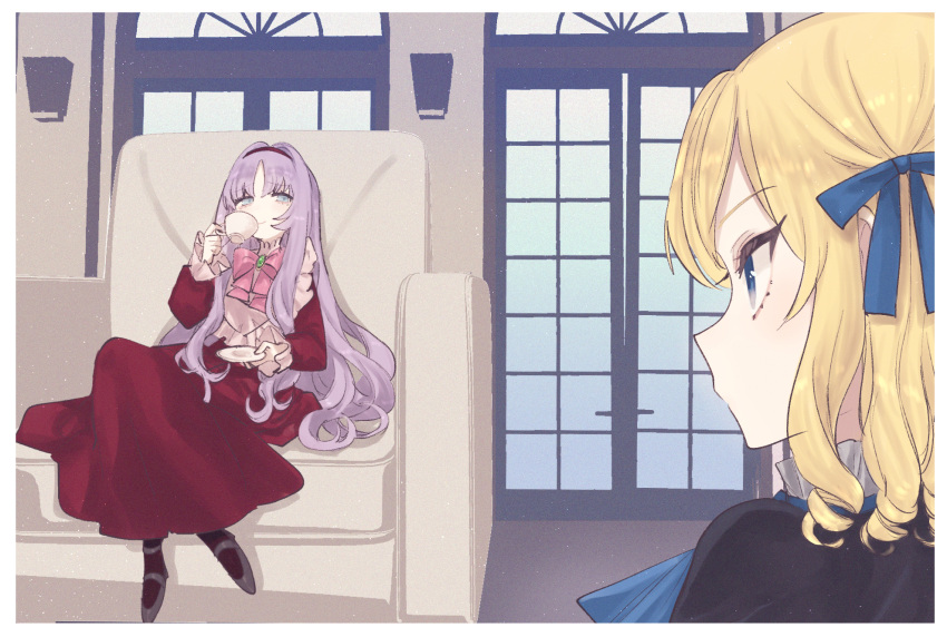 2girls, black_shoes, blonde_hair, blue_eyes, blue_ribbon, border, bow, brooch, closed_mouth, commentary_request, cordelia_(fuyuki), couch, cup, dress, eurasia_(wtp09ptw14), francoise_(eurasia), gem, green_gemstone, hair_ribbon, hairband, highres, holding, holding_cup, holding_saucer, indoors, jewelry, long_hair, long_sleeves, looking_at_another, multiple_girls, on_couch, original, parted_bangs, pink_bow, purple_hair, red_dress, red_hairband, ribbon, saucer, shoes, sitting, smile, smug, teacup, white_border, window