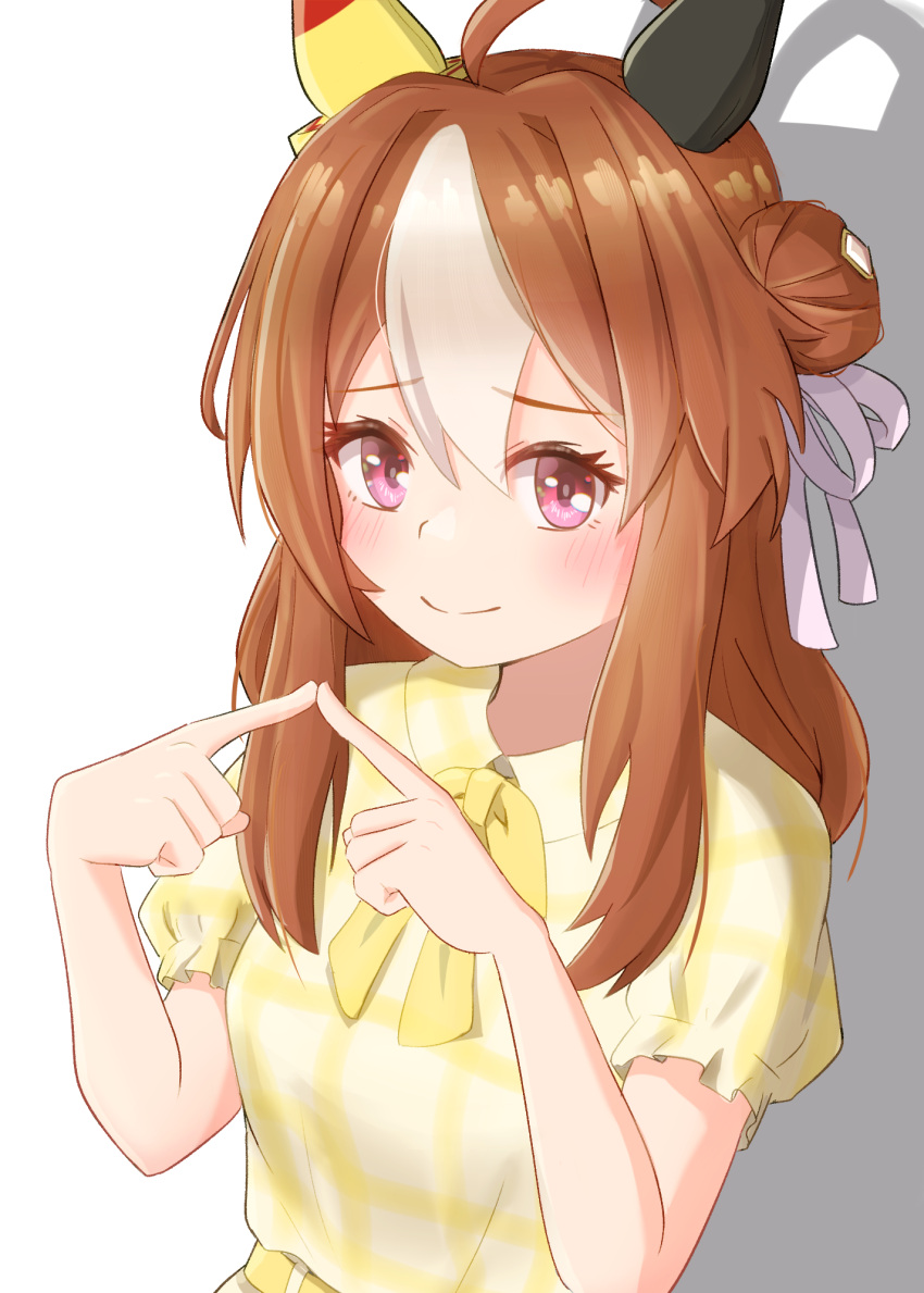 1girl, ahoge, animal_ears, blush, bow, breasts, brown_hair, closed_mouth