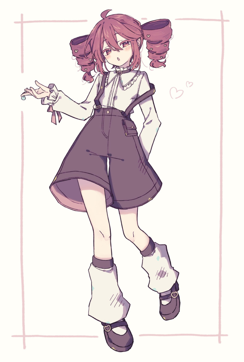 1girl, ahoge, arm_behind_back, black_shoes, brown_shorts, candy, drill_hair, food