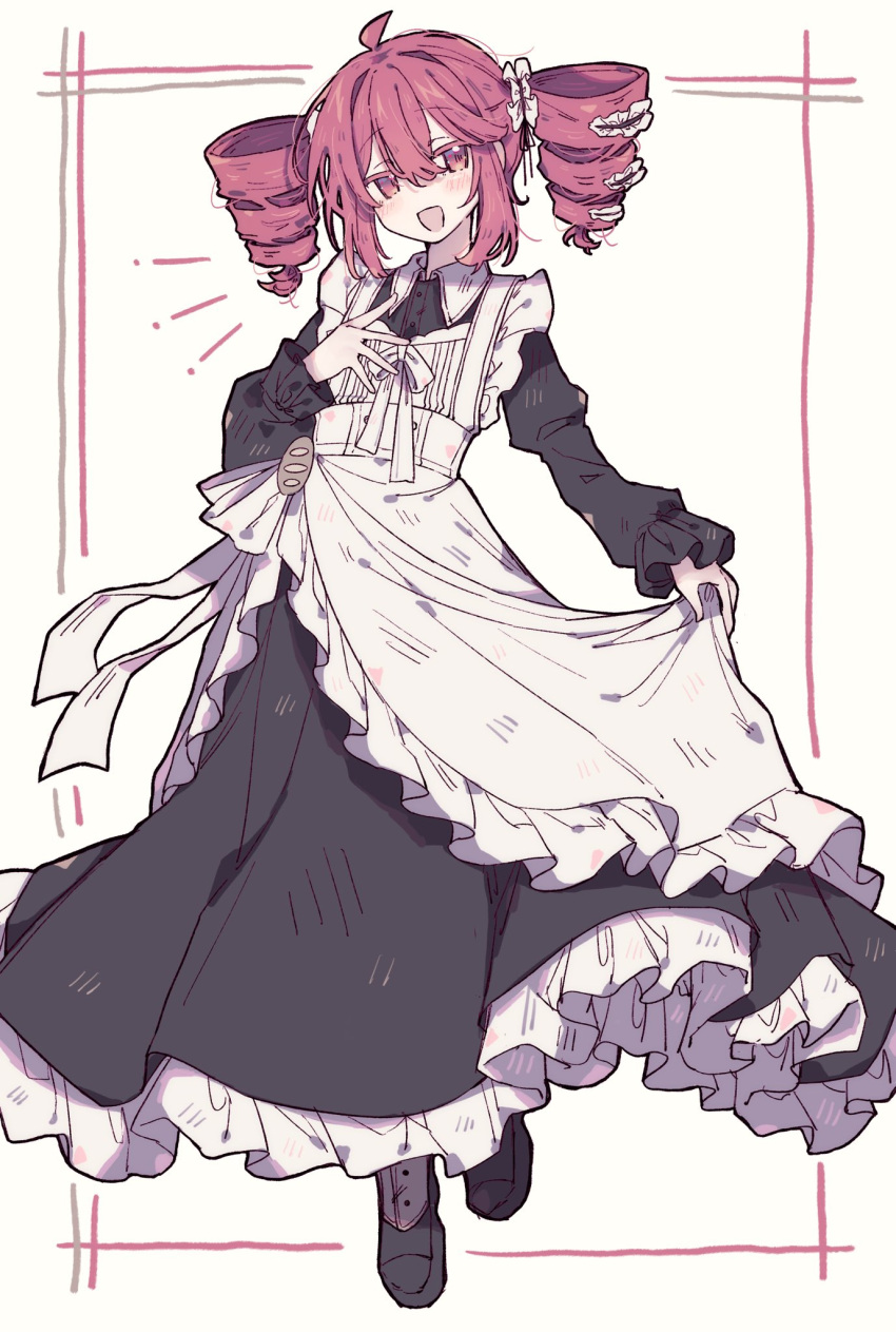 1girl, ahoge, alternate_costume, apron, black_dress, black_shoes, dress, drill_hair, enmaided, frilled_apron, frilled_hairband, frills, hairband, highres, kasane_teto, looking_at_viewer, maid, maid_apron, okura_0915, open_mouth, red_eyes, red_hair, shoes, simple_background, smile, solo, twin_drills, twintails, utau, waist_apron, white_apron